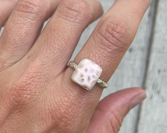 Cushion Cut Romantic Light Pink Thomsonite Sterling Silver Ring Sizes 9.25-10.25 | Rectangle Pink Stone Ring | Square Pink Stone Ring