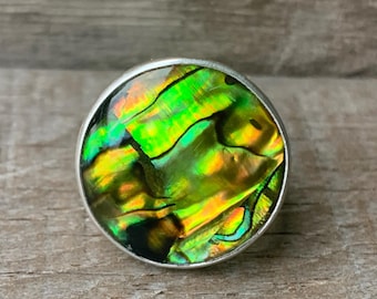 Gold Green Pink Round Paua Abalone Shell Elegant Sterling Silver Ring | Beachy | Paua Shell Ring | Mermaid Jewelry | Abalone Shell Ring