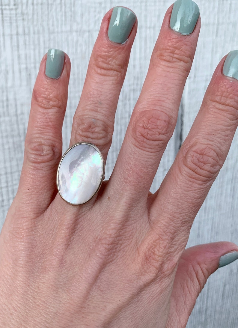 Boho Chic White Oval Mother of Pearl Ring in Sterling Silver Mermaid Jewelry Boho Shell Ring June Birthstone White Stone Ring image 3