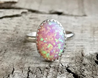 Large Oval Simulated Pink Opal Elegant Birthstone Ring in Sterling Silver | Opal Ring | Boho | Rocker | October Birthstone Ring