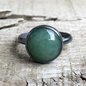 Elegant Round Emerald Green Aventurine Solitaire Ring in Dark Patina or Oxidized Sterling Silver Gunmetal Aventurine Ring Boho image 1