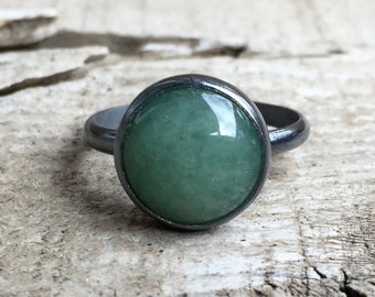 Elegant Round Emerald Green Aventurine Solitaire Ring in Dark Patina or Oxidized Sterling Silver | Gunmetal Aventurine Ring |  Boho