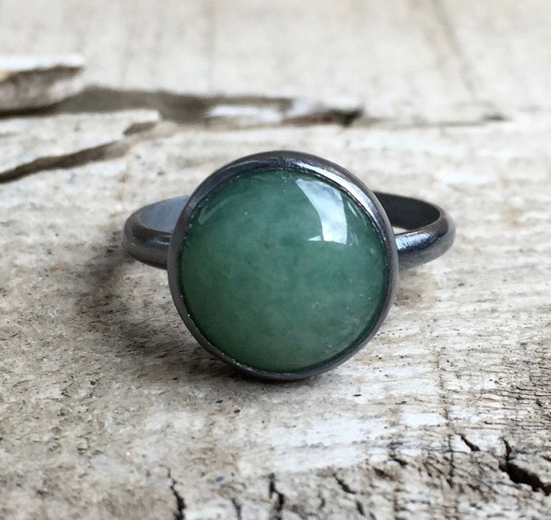 Elegant Round Emerald Green Aventurine Solitaire Ring in Dark Patina or Oxidized Sterling Silver Gunmetal Aventurine Ring Boho image 1