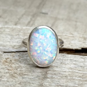 Statement Oval Simulated Opal Elegant Birthstone Ring in Sterling Silver