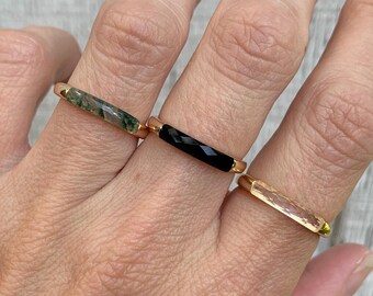 14 Karat Gold Plated Gemstone Baguette Black Agate Band Size 8 | Unisex Ring | Black Stone Band Ring | Minimalist Ring | Stacking Ring
