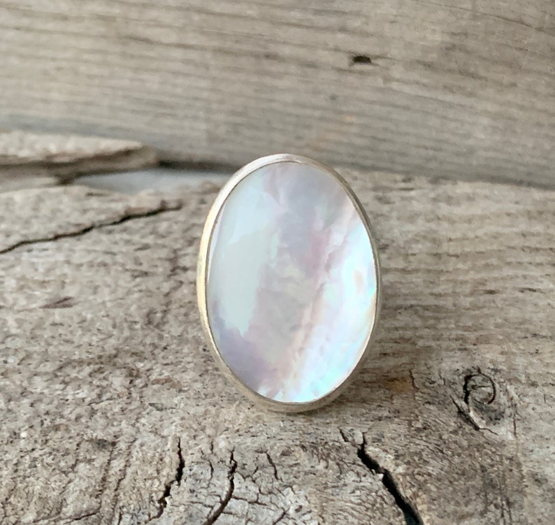 Boho Chic White Oval Mother of Pearl Ring in Sterling Silver Mermaid Jewelry Boho Shell Ring June Birthstone White Stone Ring image 2