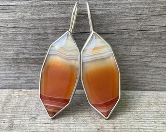 Faceted Orange White Banded Agate Sterling Silver Statement Earrings