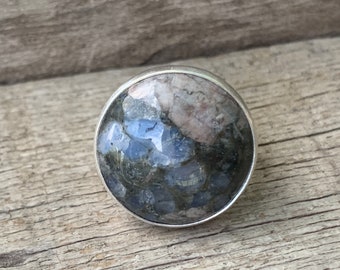 20mm Large Round Blue Gray Pink Llanite Sterling Silver Ring | Solitaire Ring | Blue Gray Pink Stone Ring | Boho | Made to Order