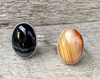 Black or Yellow Swirly Striped Agate Sterling Silver Ring | Agate Ring | Choose Your Stone | Boho | Black Stone Ring | Yellow Stone Ring