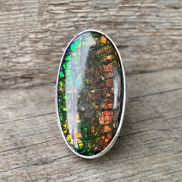 Geometric Free Form Neon Colors Ammolite Sterling Silver Ring | Fossil Stone Ring | Boho | Size 5.75-6.25 | Rare Stone Ring | Neon Gemstone