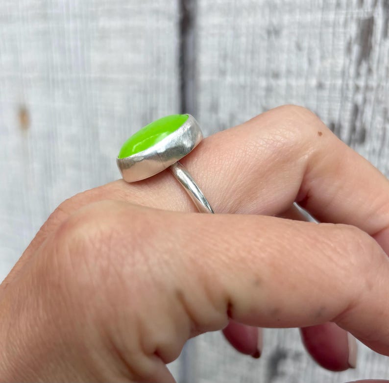 Made to Order Large Oval Neon Green Jadeite Sterling Silver Ring | Made to Order | Green Stone Ring | Jade Ring | Boho | 90s Jewelry image 5