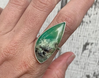 Geometric Free Form Apple Green Chrysoprase with Moss Accent Size 8.75-9.75 | Bright Green Stone Ring | Rare Stone Ring | One of a Kind