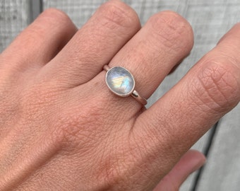 Minimalist Elegant Solitaire Horizontal Setting Oval Moonstone Birthstone Ring in Sterling Silver | Moonstone Ring | Boho | Birthstone Ring