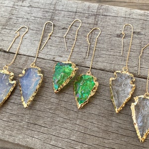 Edgy Blue Opalite Green or Clear Quartz Crystal 14 Karat Gold Plated Arrowhead Ear Threader Earrings | Crystal Earrings | Gold Earrings