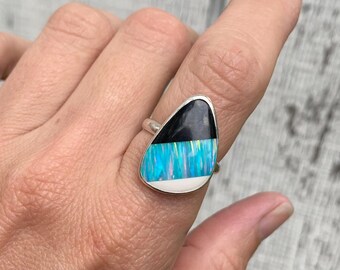 Free Form Baby Blue Bello Opal Black and White Ceramic Inlay Sterling Silver Ring Sizes 8-9 | Retro Ring | 90s Vibe | Geometric Stone Ring