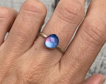 Made to Order Ice Blue Pink Faceted Aurora Opal Quartz Doublet Sterling Silver Ring | Solitaire Ring | October Birthstone | Blue Ring