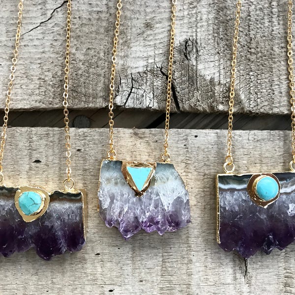 Purple Amethyst Slice Crystal Point Druzy Gold Plated Edgy Statement Necklace | Amethyst Necklace | Gold Necklace | Raw Amethyst Necklace