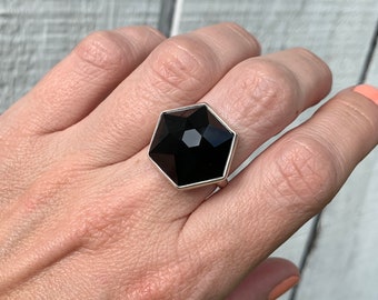 Edgy Rocker Black Onyx Hexagon Rose Cut Sterling Silver Ring | Black Stone Ring | Geometric Ring | Boho | Goth | Gifts for Her | Onyx Ring