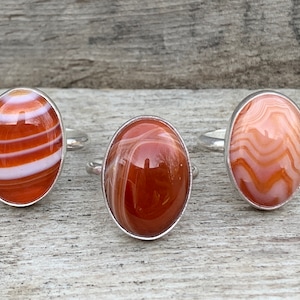 Choose Your Stone Orange Red Banded Agate Oval Sterling Silver Ring | Red Agate Ring | Swirly White Red Orange Stone Ring