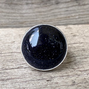 Lovely Elegant Round Dark Blue Goldstone Sterling Silver Ring |  Blue Sandstone Ring | Sparkly Blue Gemstone Ring | Boho | Rocker | Edgy