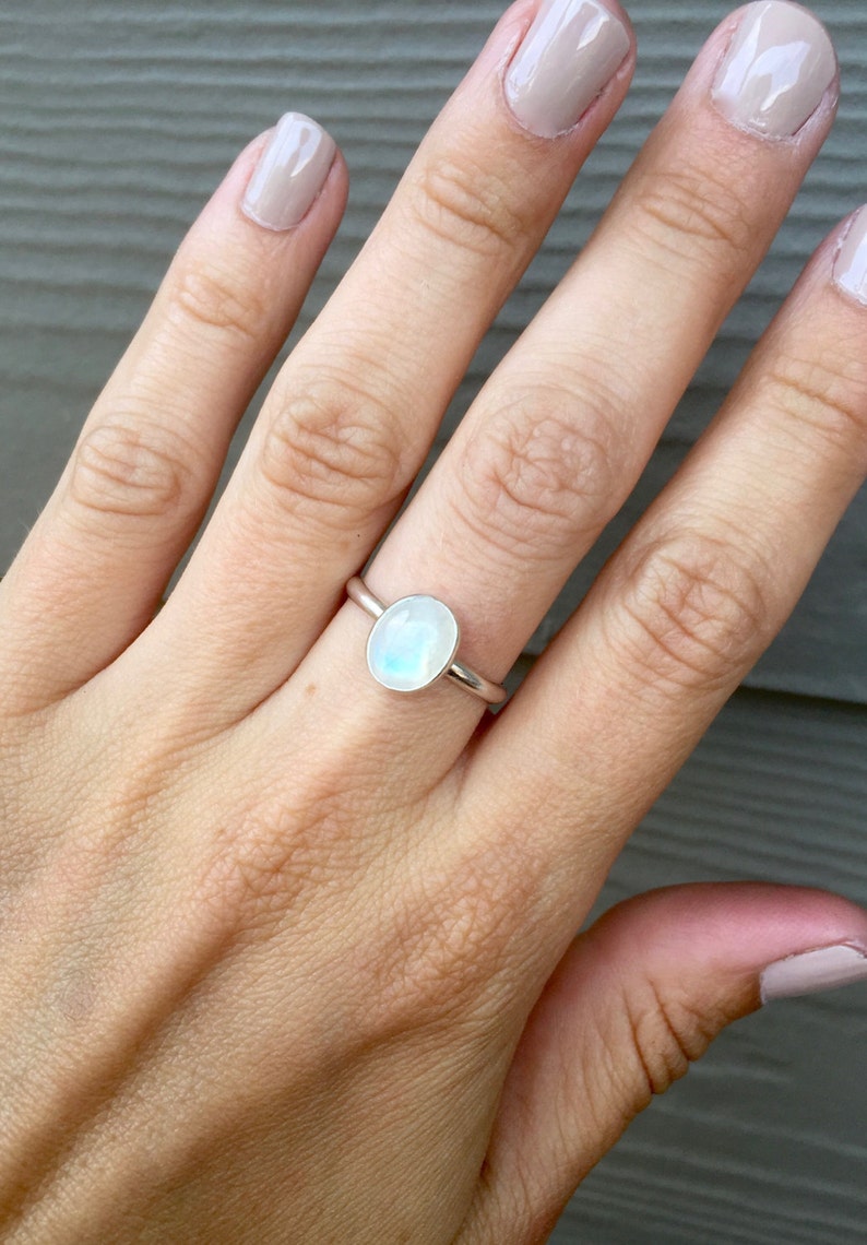 Minimalist Elegant Solitaire Oval Moonstone Birthstone Ring in Sterling Silver Moonstone Ring Solitaire Ring Boho Moon Ring Rocker image 5