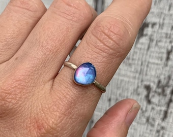 Ice Blue Pink Faceted Aurora Opal Quartz Doublet Sterling Silver Ring | Solitaire Ring | October Birthstone | Blue Ring | Size 9.5-10.5