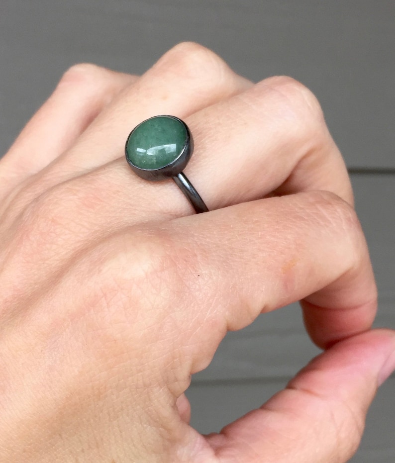 Elegant Round Emerald Green Aventurine Solitaire Ring in Dark Patina or Oxidized Sterling Silver Gunmetal Aventurine Ring Boho image 4