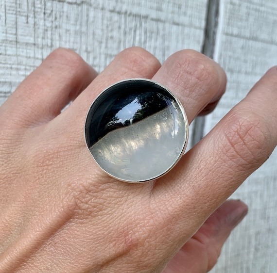 Edgy Black and White Crystal Agate Sterling Silver Statement Ring | Witchy Jewelry | Black and White Stone Ring | Boho Jewelry