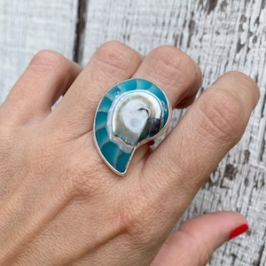 Blue Sea Nautilus Shell with Mother of Pearl and Resin Sterling Silver Ring | Mermaid Jewelry | Boho | Shell Ring | Nautilus Ring