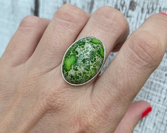 Green Oval Ocean Jasper Sterling Silver Ring | Boho | Jasper Ring | Beachy | Silver Ring | Ocean Jasper Ring | Mermaid Jewelry