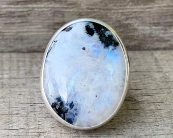 One of a Kind Large Oval Rainbow Moonstone Black Tourmaline Sterling Silver Statement Ring | Moonstone Ring | Tourmaline Ring | Size 8.25