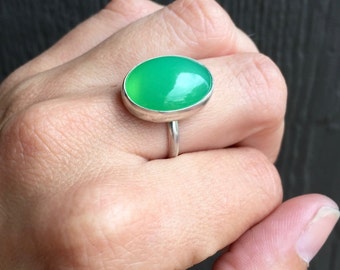 Lovely Elegant Oval Bright Green Chrysoprase Sterling Silver Ring | Chrysoprase Ring | Boho | Green Gemstone Ring | Gifts for Her |