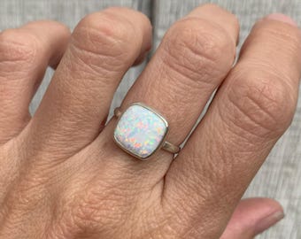 Elegant Simulated Square Cushion Cut White Opal Sterling Silver Ring | Made to Order | October Birthstone