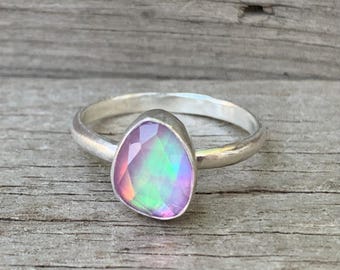 Pink Purple Faceted Aurora Opal Quartz Doublet Sterling Silver Ring | Solitaire Ring | October Birthstone | Blue Ring | Size 7.25-8.25