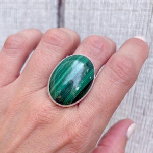 Large Oval Green Striped Malachite Sterling Silver Ring | Large Oval Green Gemstone Ring | Striped Gemstone Ring | Malachite Stone | Boho
