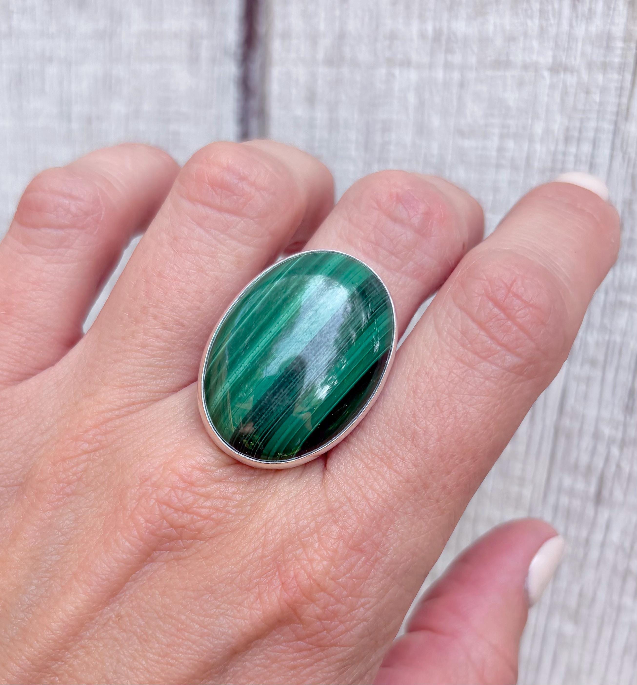 Large Oval Green Striped Malachite Sterling Silver Ring | Large