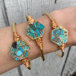 Gold Electroplated Hexagon Turquoise Cuff Bracelet | Geometric Cuff Bracelet | Gold Bracelet | Hexagon Stone Cuff | Gifts for Her