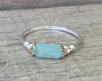 Mixed Metals Blue Rutilated Quartz Sterling Silver Gold Plated Ring | Blue Stone Ring  | Quartz Ring | Romantic Ring | Engagement Ring
