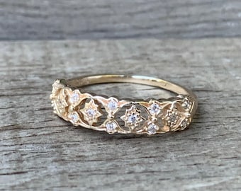 14 Karat Gold Plated Vintage Geometric Victorian Motif with Cubic Zirconia Diamond Accents | Wedding Band | Elegant Ring | Gifts for Her