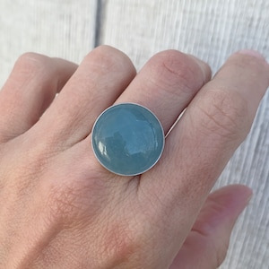 Large Round Blue Aquamarine Sterling Silver Ring Made to Order Ring March Birthstone Ring Blue Stone Ring Gifts for Her Boho image 4