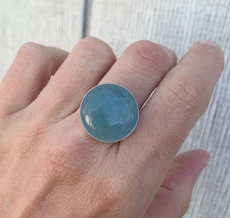 Large Round Blue Aquamarine Sterling Silver Ring Made to Order Ring March Birthstone Ring Blue Stone Ring Gifts for Her Boho image 4