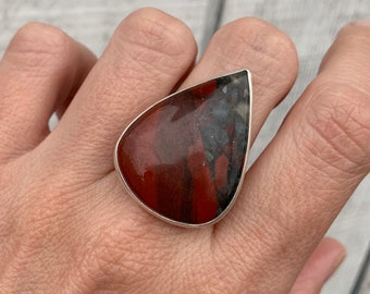 Teardrop Red Gray Bloodstone Unique Chunky Sterling Silver Statement Ring | March Birthstone Ring | Edgy Goth Boho | Bloodstone Ring