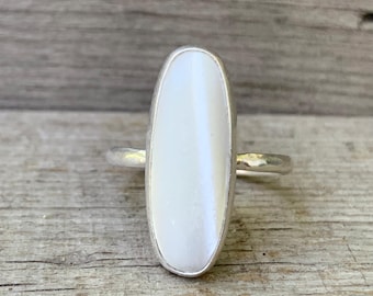Elongated Oval White Mother of Pearl Sterling Silver Ring | Mermaid Jewelry | Boho | Shell Ring | June Birthstone