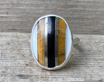 Oval White Mother of Pearl Tiger Eye Golden Pyrite Black Onyx Inlay Sterling Silver Ring | Multi Stone Ring | 90's Jewelry | Retro Vibe