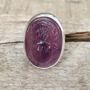 Vintage Oval Purple Marble Glass Carved Egyptian Scarab Ring in Sterling Silver | Good Luck Charm Ring | Gifts for Her | Beetle Ring