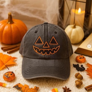 Jack O Lantern Pumpkin Embroidered Baseball Cap, Spooky Season Hat, Halloween Pumpkin Cap, Fall Gift for Pumpkin Lovers
