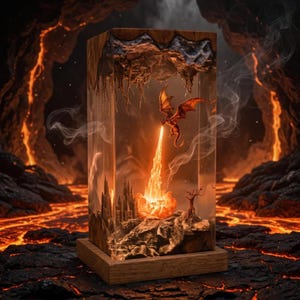 May include: A fantasy-themed resin art piece featuring a dragon breathing fire. The artwork is encased in a clear rectangular block with a wooden base. The scene includes a castle, lava, and a barren tree, creating a dramatic, fiery landscape.