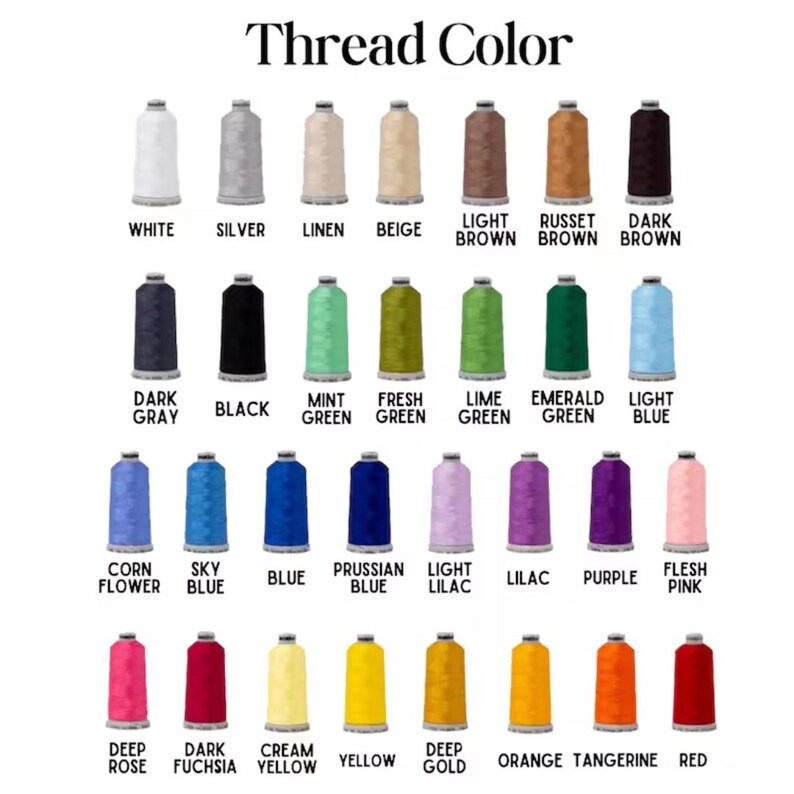 以下が含まれることがあります： 白、銀、ベージュ、茶色、緑、青、紫、ピンク、黄色、オレンジ、赤など、さまざまな色の糸を表示するカラーチャートです。「Thread Color」の文字が上部にあります。