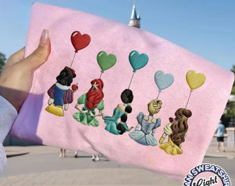 Embroidered Disney Princess Balloon Sweatshirt, Vintage Princess Embroidery Sweater, Magical Land Crewneck, Princess Family Embroidery Shirt