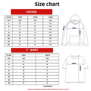 以下が含まれることがあります： フードとTシャツのサイズチャート。インチ単位の測定値。Sから5XLまでのさまざまなサイズの胸囲、着丈、袖丈の寸法が含まれています。フードとTシャツのイラストも含まれています。